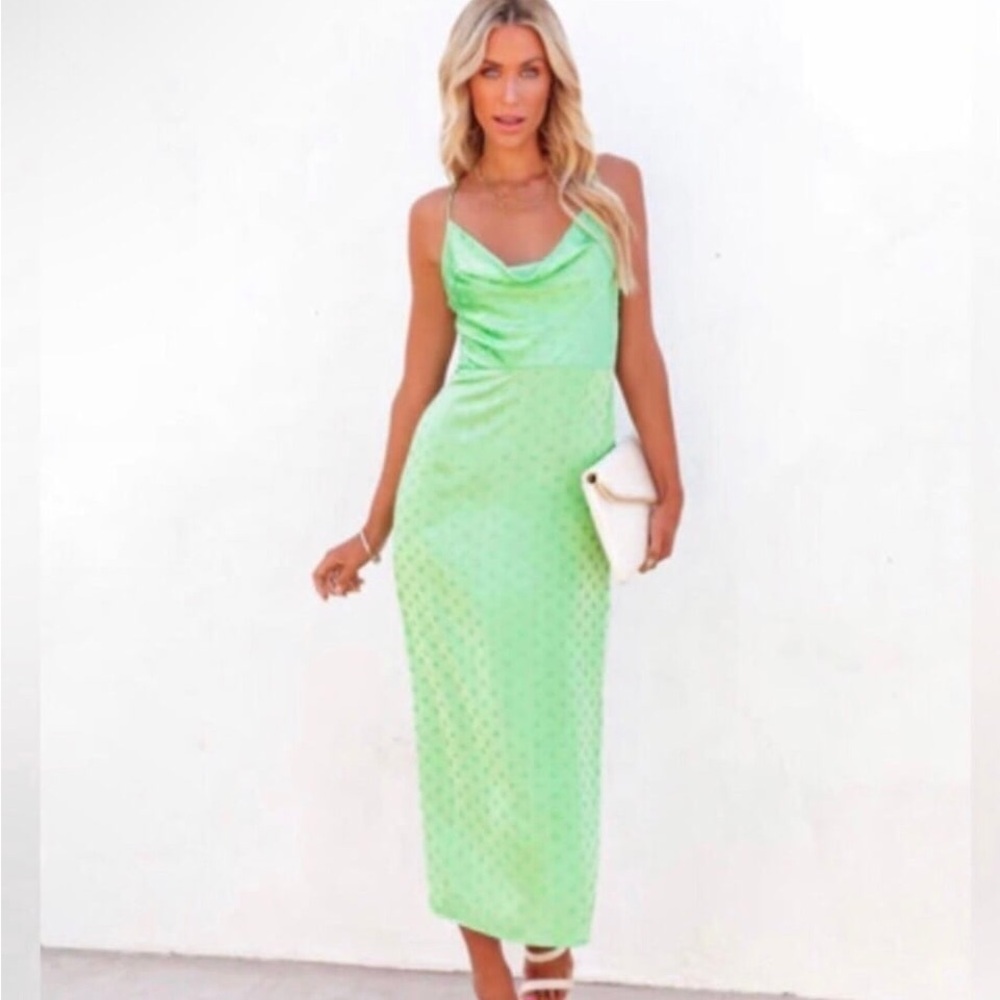 VICI polka dot satin slip dress w/slit draped cowl neck NEW RE $80+🎉SALE